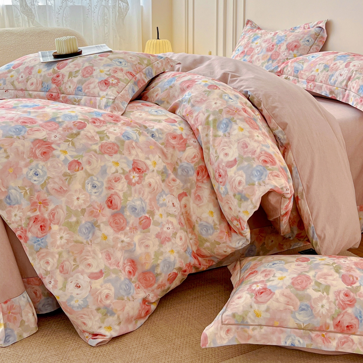 91家纺网 家纺一手货源 找家纺 朵希曼 2026新款全棉生态磨毛数码印花系列四件套 甜梦茶语-粉