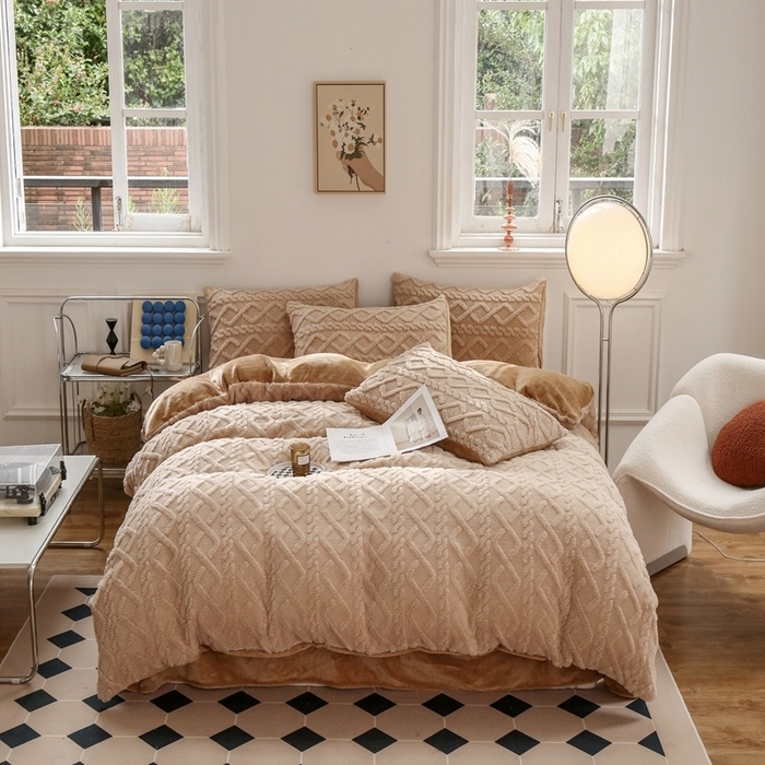 啊雅家居 2026新款阳离子提花牛奶绒三件套四件套 暖提咖