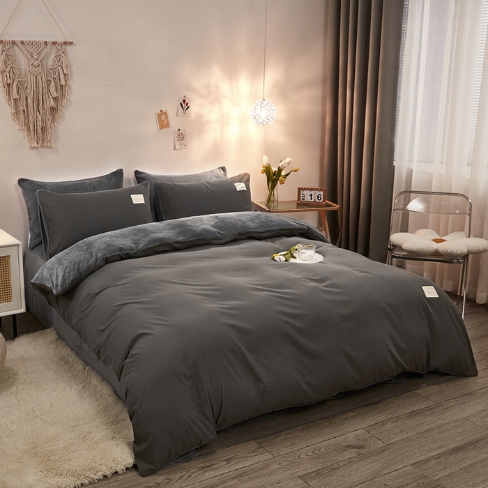 91家纺网 家纺一手货源 找家纺 啊雅家居 2026新款水洗棉加绒单面绒被套 深灰加牛奶绒