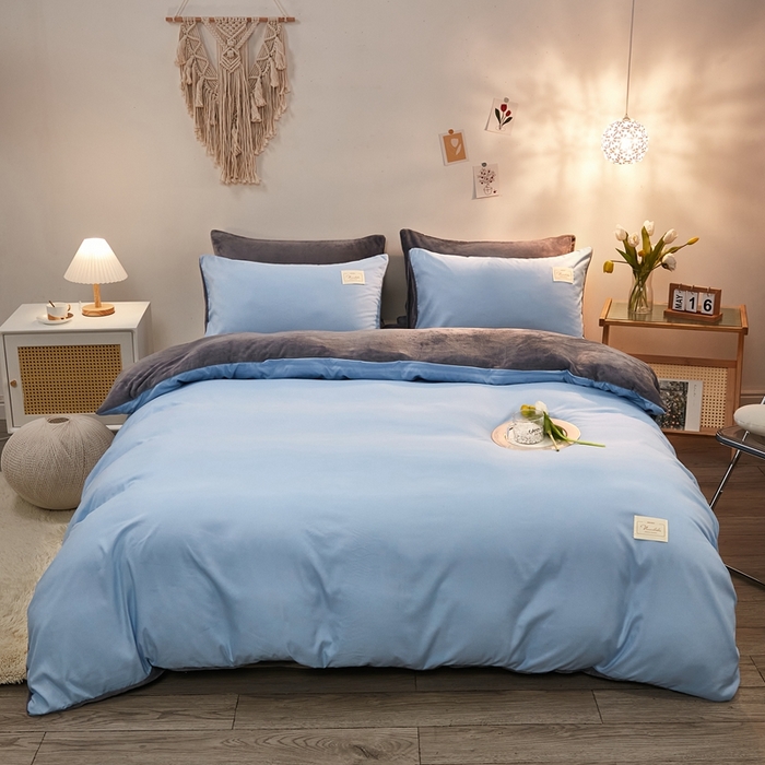 啊雅家居 2026新款水洗棉加绒单面绒被套 天空兰加牛奶绒