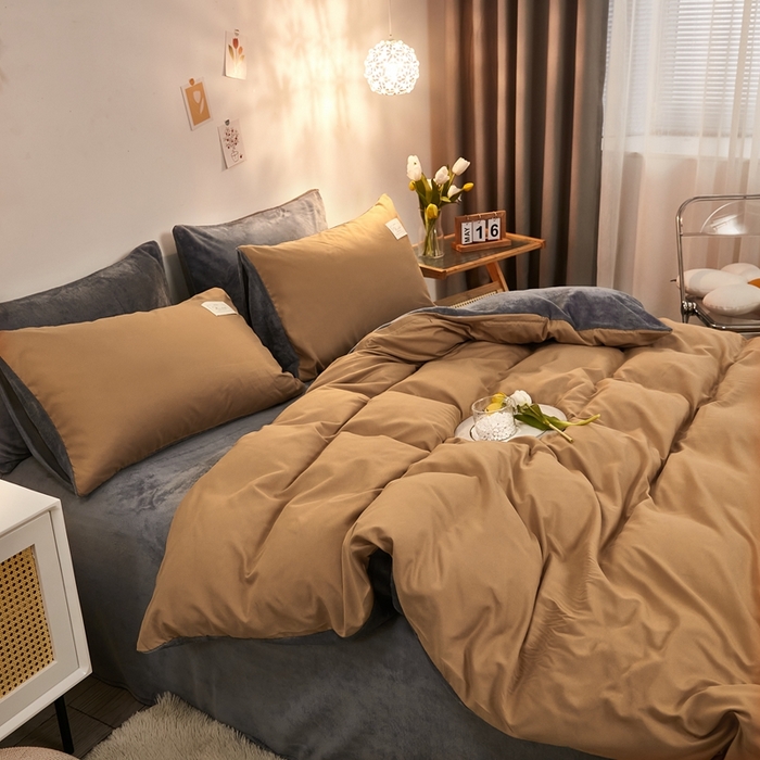 91家纺网 家纺一手货源 找家纺 啊雅家居 2026新款水洗棉加绒单面绒被套 暖咖加牛奶绒