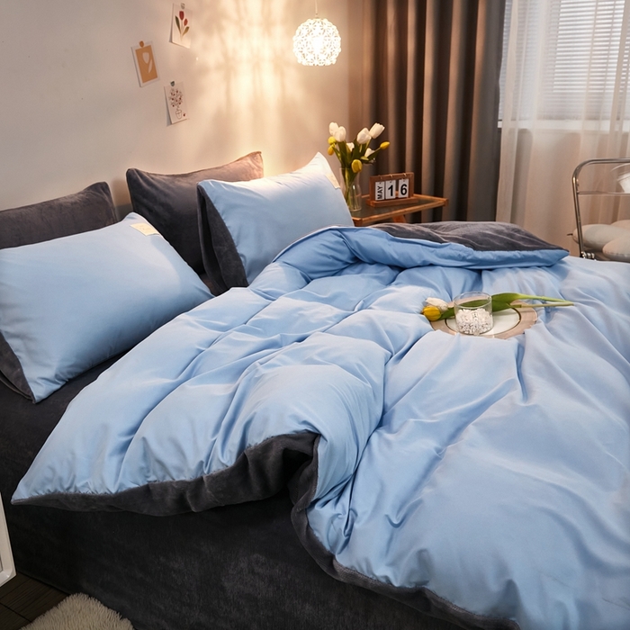 91家纺网 家纺一手货源 找家纺 啊雅家居 2026新款水洗棉加绒单面绒被套 天空兰加牛奶绒