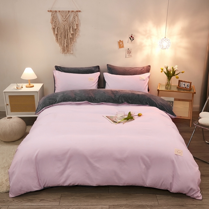 啊雅家居 2026新款水洗棉加绒单面绒被套 暖粉加牛奶绒