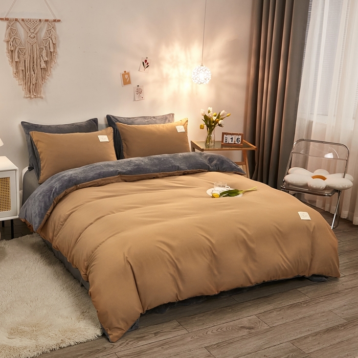 91家纺网 家纺一手货源 找家纺 啊雅家居 2026新款水洗棉加绒单面绒被套 暖咖加牛奶绒