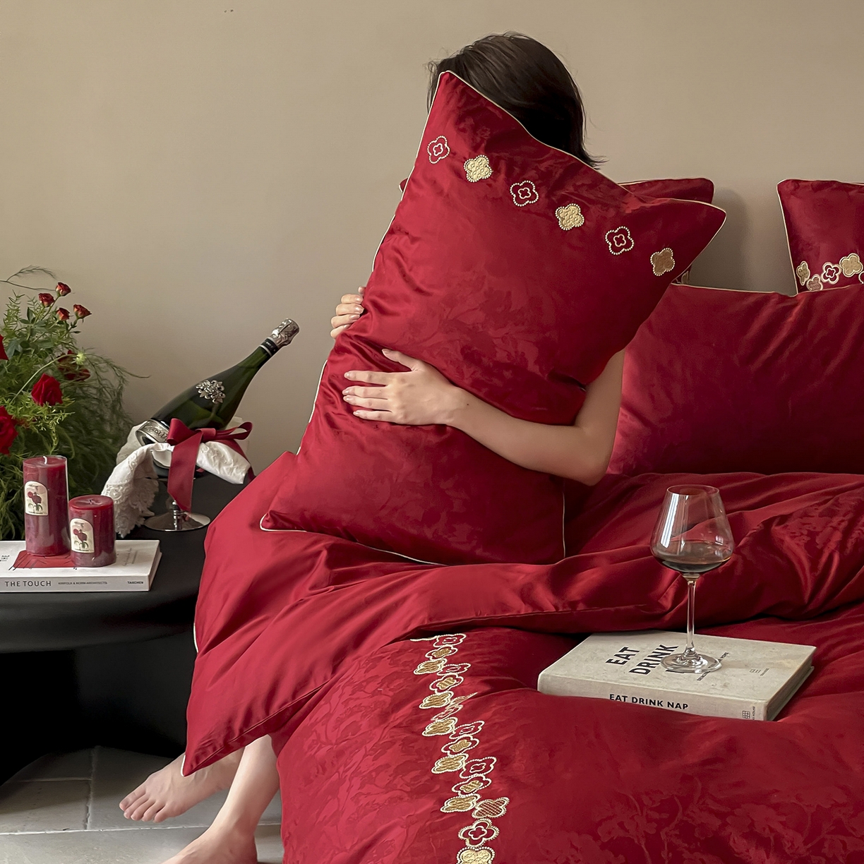 91家纺网 家纺一手货源 找家纺 （总）西西家居 2026新款大红婚庆100支长绒棉提花独家专版四件套-繁花似锦