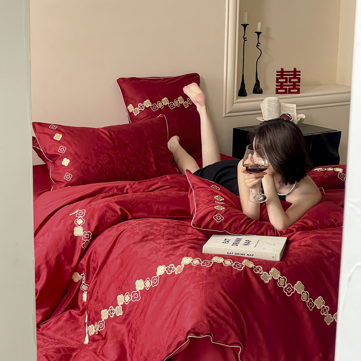 91家纺网 家纺一手货源 找家纺 （总）西西家居 2026新款大红婚庆100支长绒棉提花独家专版四件套-繁花似锦