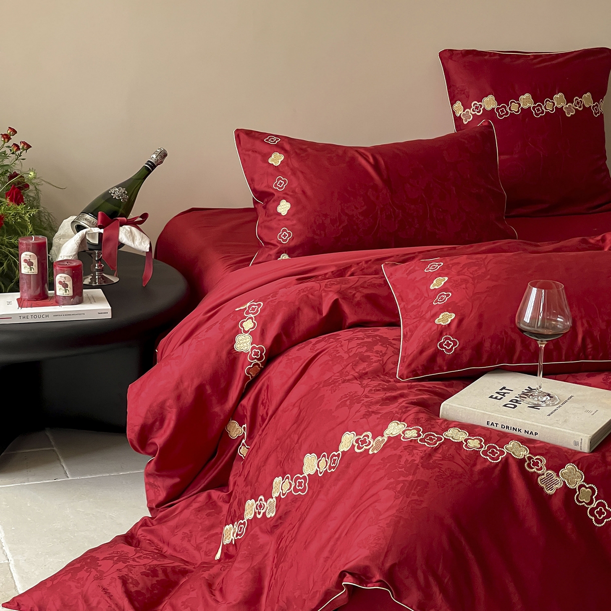 91家纺网 家纺一手货源 找家纺 （总）西西家居 2026新款大红婚庆100支长绒棉提花独家专版四件套-繁花似锦