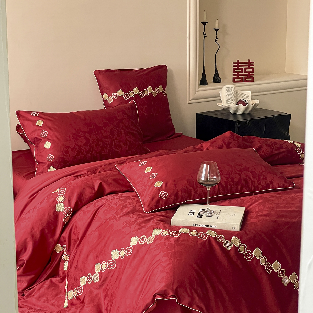 91家纺网 家纺一手货源 找家纺 （总）西西家居 2026新款大红婚庆100支长绒棉提花独家专版四件套-繁花似锦