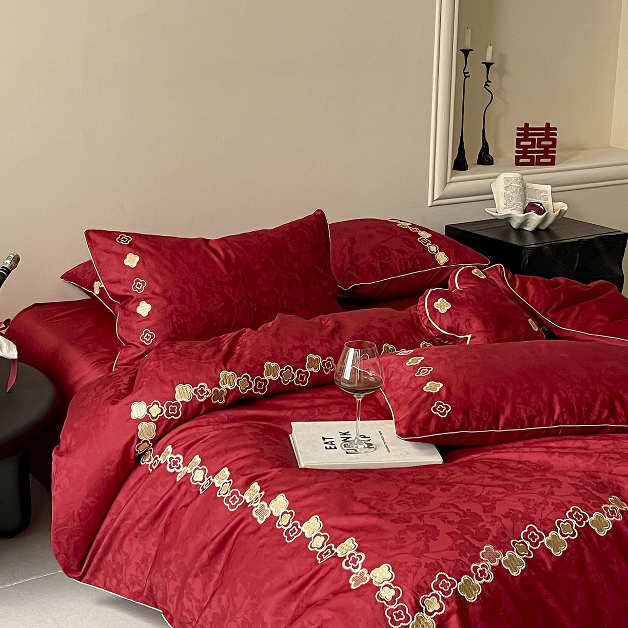 91家纺网 家纺一手货源 找家纺 （总）西西家居 2026新款大红婚庆100支长绒棉提花独家专版四件套-繁花似锦