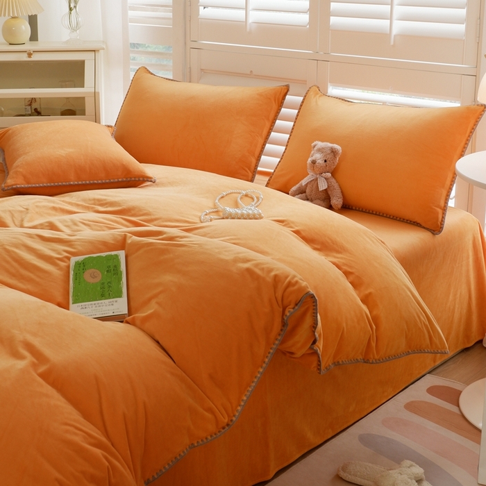91家纺网 家纺一手货源 找家纺 啊雅家居 2026新款贝壳边宝宝绒四件套 贝壳果橙