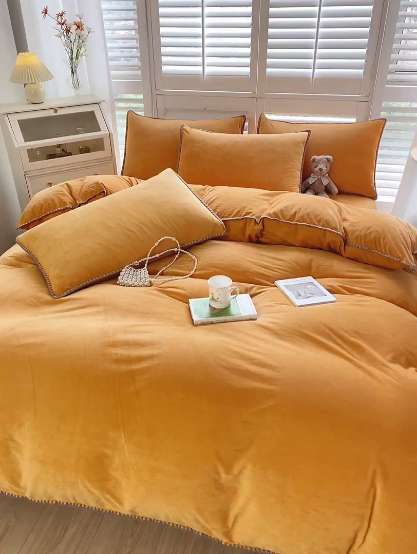 91家纺网 家纺一手货源 找家纺 啊雅家居 2026新款贝壳边宝宝绒四件套 贝壳果橙