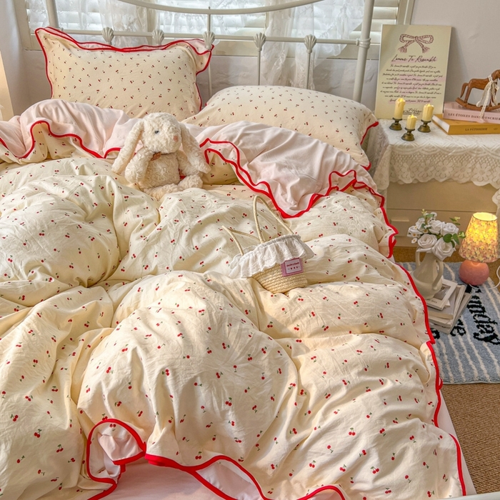 91家纺网 家纺一手货源 找家纺 （总）金盛皇朝家纺 2026水洗棉仿棉木棉双层纱粉嫩可爱公主清新ins四件套-樱桃气泡水+郁金奶芙卷