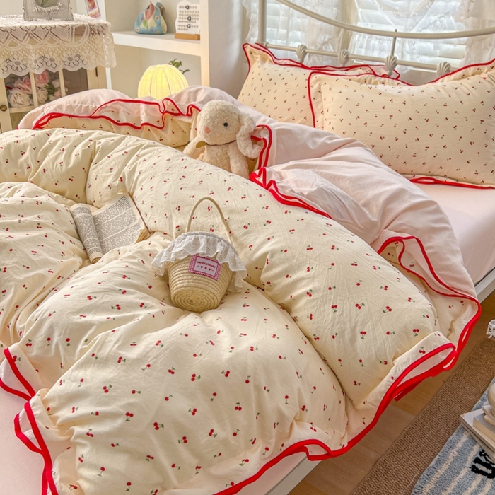 91家纺网 家纺一手货源 找家纺 （总）金盛皇朝家纺 2026水洗棉仿棉木棉双层纱粉嫩可爱公主清新ins四件套-樱桃气泡水+郁金奶芙卷