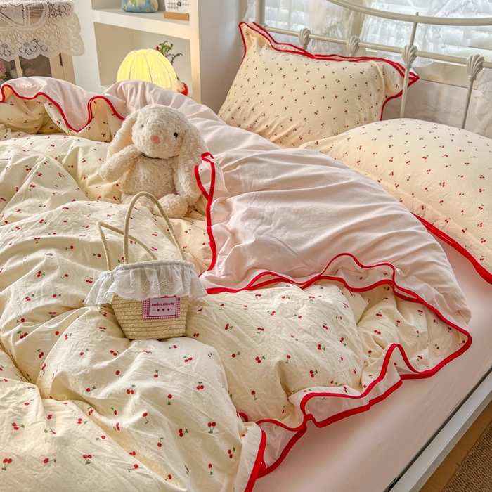 91家纺网 家纺一手货源 找家纺 （总）金盛皇朝家纺 2026水洗棉仿棉木棉双层纱粉嫩可爱公主清新ins四件套-樱桃气泡水+郁金奶芙卷