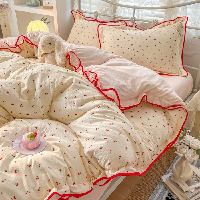 91家纺网 家纺一手货源 找家纺 （总）金盛皇朝家纺 2026水洗棉仿棉木棉双层纱粉嫩可爱公主清新ins四件套-樱桃气泡水+郁金奶芙卷