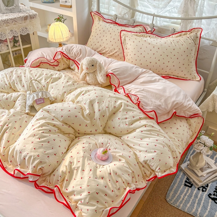 91家纺网 家纺一手货源 找家纺 （总）金盛皇朝家纺 2026水洗棉仿棉木棉双层纱粉嫩可爱公主清新ins四件套-樱桃气泡水+郁金奶芙卷