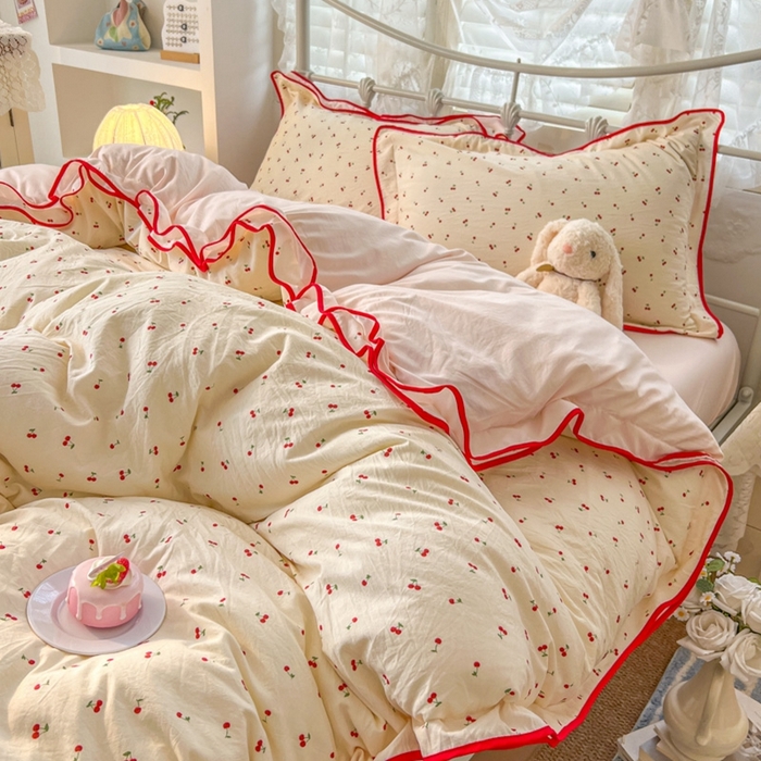 91家纺网 家纺一手货源 找家纺 （总）金盛皇朝家纺 2026水洗棉仿棉木棉双层纱粉嫩可爱公主清新ins四件套-樱桃气泡水+郁金奶芙卷