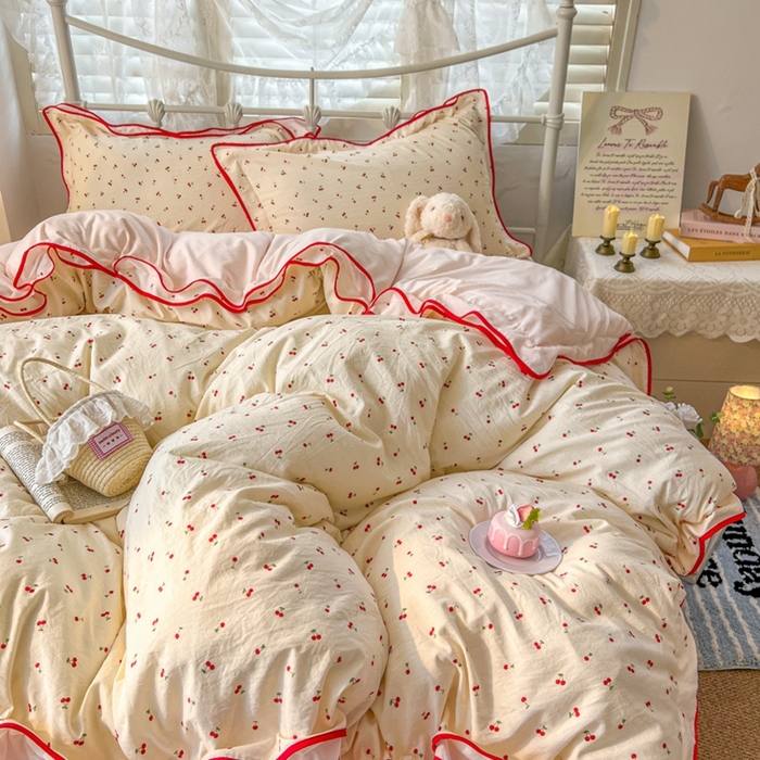 91家纺网 家纺一手货源 找家纺 （总）金盛皇朝家纺 2026水洗棉仿棉木棉双层纱粉嫩可爱公主清新ins四件套-樱桃气泡水+郁金奶芙卷