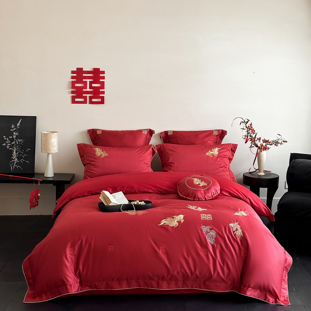 91家纺网 家纺一手货源 找家纺 （总）西西家居 2026新款大红婚庆100支长绒棉独家专版四件套-锦鲤报喜