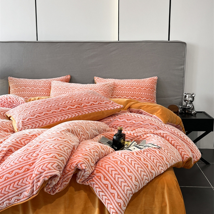 啊雅家居 2026新款雕花绒加宝宝绒四件套床单款床笠款 连雕橙