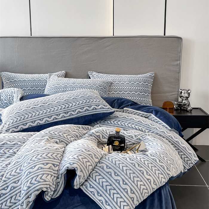 啊雅家居 2026新款雕花绒加宝宝绒四件套床单款床笠款 连雕蓝