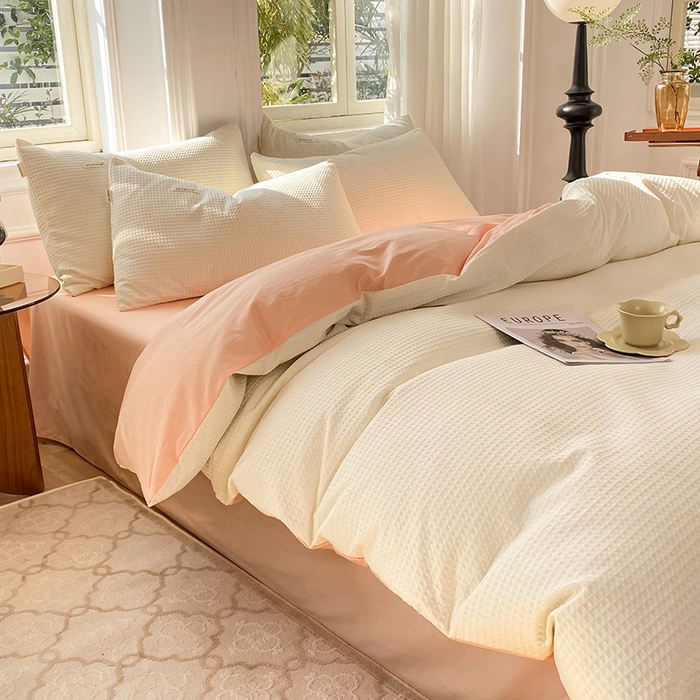 91家纺网 家纺一手货源 找家纺 眠博士2026新款简约时尚全棉华夫格四件套（提供买家秀）简约款 白橘