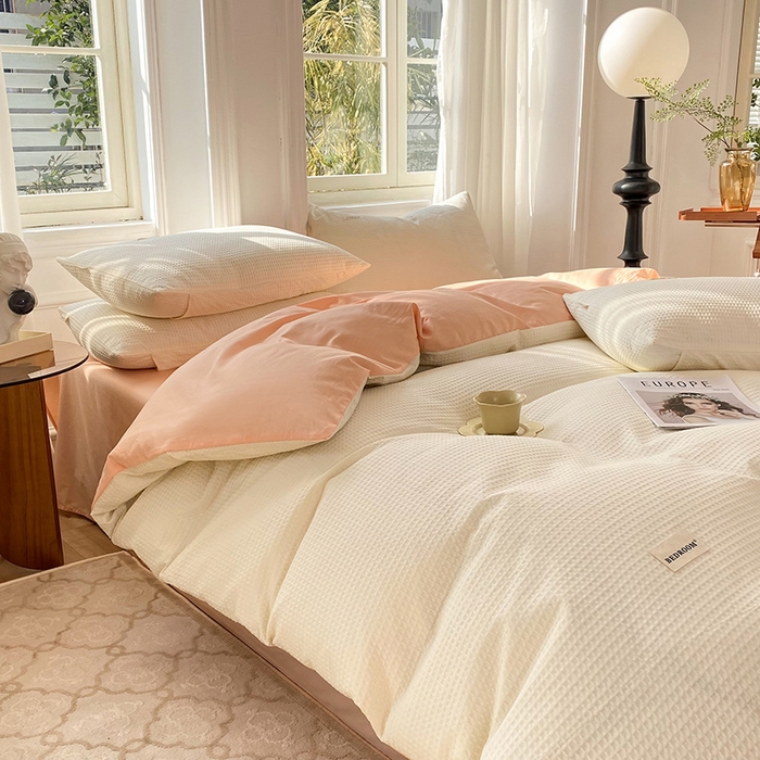 91家纺网 家纺一手货源 找家纺 眠博士2026新款简约时尚全棉华夫格四件套（提供买家秀）简约款 白橘