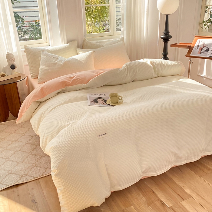 91家纺网 家纺一手货源 找家纺 眠博士2026新款简约时尚全棉华夫格四件套（提供买家秀）简约款 白橘