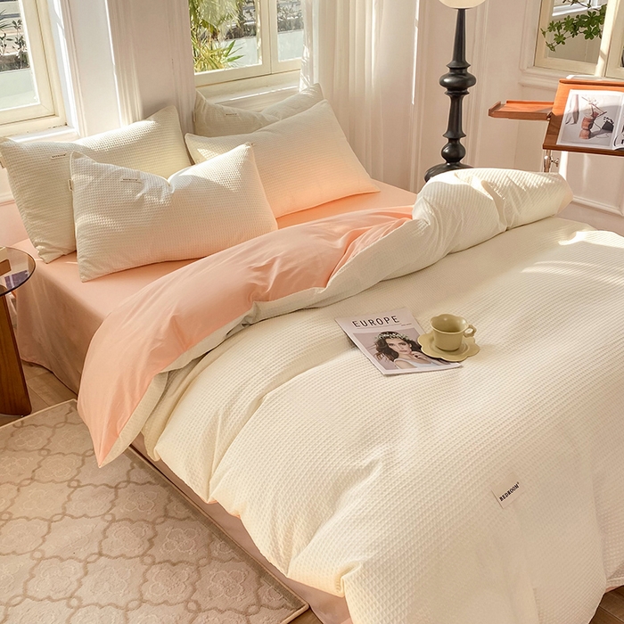 91家纺网 家纺一手货源 找家纺 眠博士2026新款简约时尚全棉华夫格四件套（提供买家秀）简约款 白橘