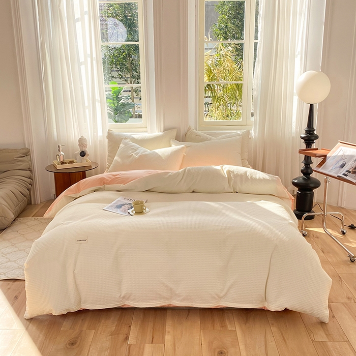 91家纺网 家纺一手货源 找家纺 眠博士2026新款简约时尚全棉华夫格四件套（提供买家秀）简约款 白橘