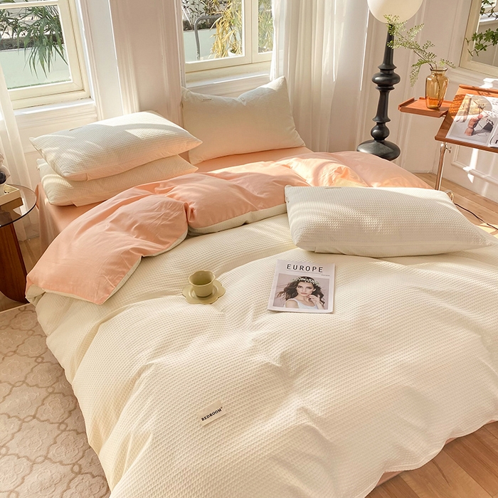 91家纺网 家纺一手货源 找家纺 眠博士2026新款简约时尚全棉华夫格四件套（提供买家秀）简约款 白橘