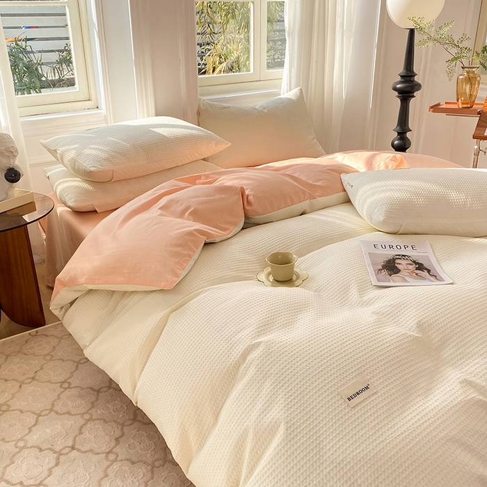 91家纺网 家纺一手货源 找家纺 眠博士2026新款简约时尚全棉华夫格四件套（提供买家秀）简约款 白橘