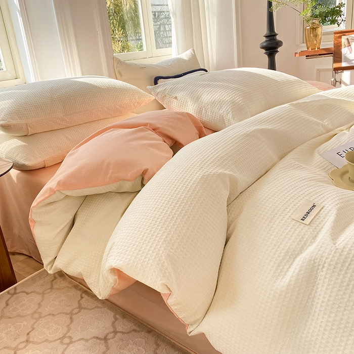 91家纺网 家纺一手货源 找家纺 眠博士2026新款简约时尚全棉华夫格四件套（提供买家秀）简约款 白橘