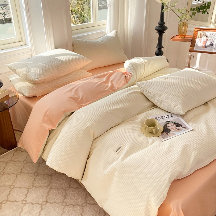 91家纺网 家纺一手货源 找家纺 眠博士2026新款简约时尚全棉华夫格四件套（提供买家秀）简约款 白橘