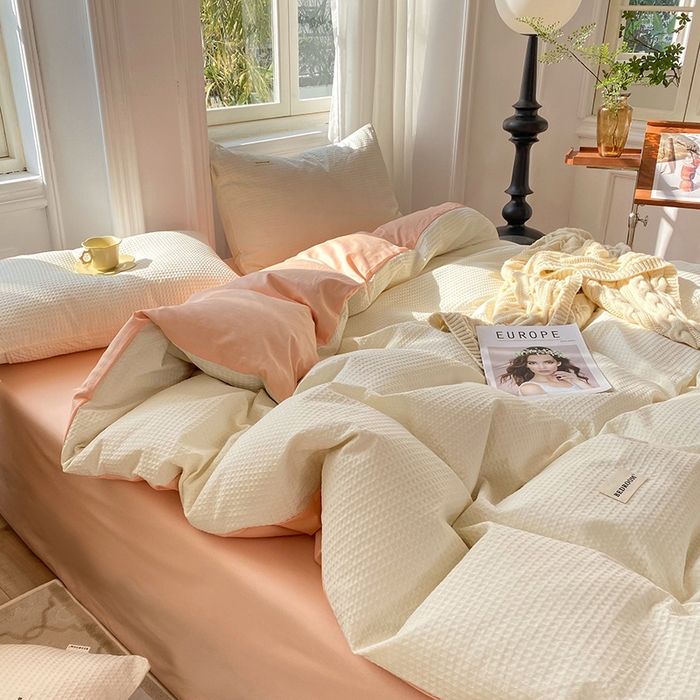 91家纺网 家纺一手货源 找家纺 眠博士2026新款简约时尚全棉华夫格四件套（提供买家秀）简约款 白橘