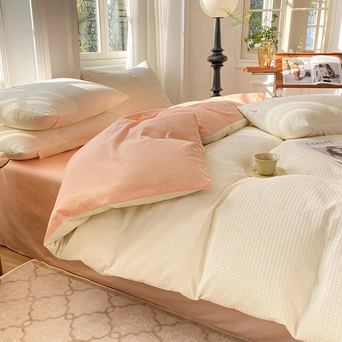 91家纺网 家纺一手货源 找家纺 眠博士2026新款简约时尚全棉华夫格四件套（提供买家秀）简约款 白橘