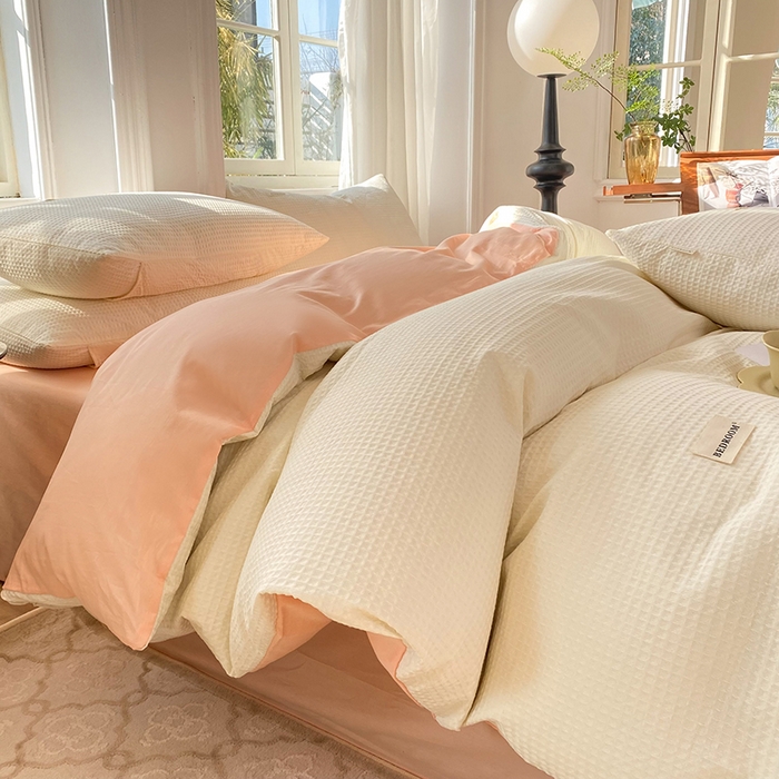 91家纺网 家纺一手货源 找家纺 眠博士2026新款简约时尚全棉华夫格四件套（提供买家秀）简约款 白橘