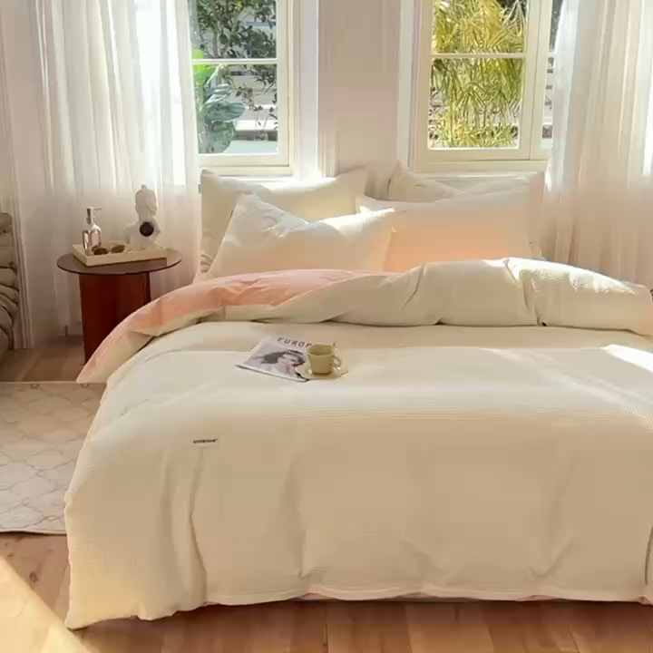 91家纺网 家纺一手货源 找家纺 眠博士2026新款简约时尚全棉华夫格四件套（提供买家秀）简约款 白橘