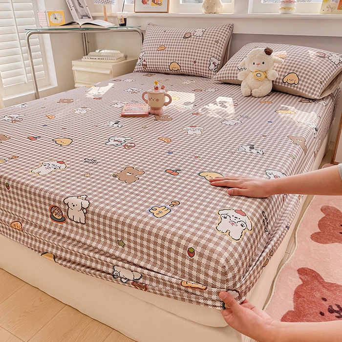 缦彩 2026新款全棉纯棉印花床笠单品床笠床笠单件 格子狗-咖