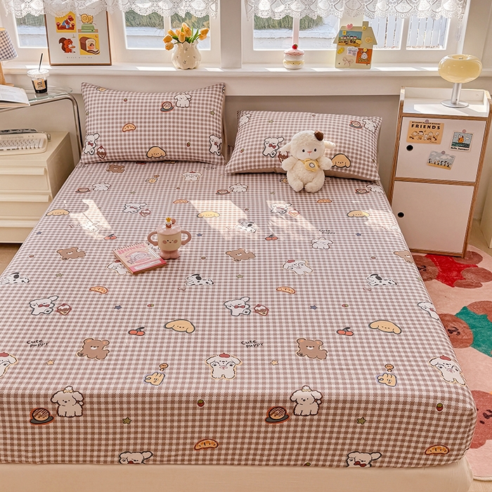 91家纺网 家纺一手货源 找家纺 缦彩 2026新款全棉纯棉印花床笠单品床笠床笠单件 格子狗-咖