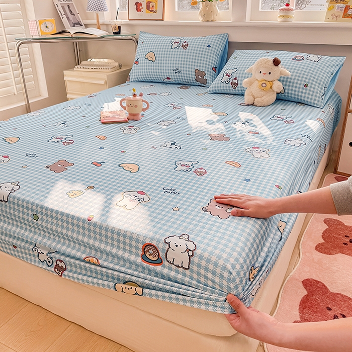 缦彩 2026新款全棉纯棉印花床笠单品床笠床笠单件 格子狗-蓝