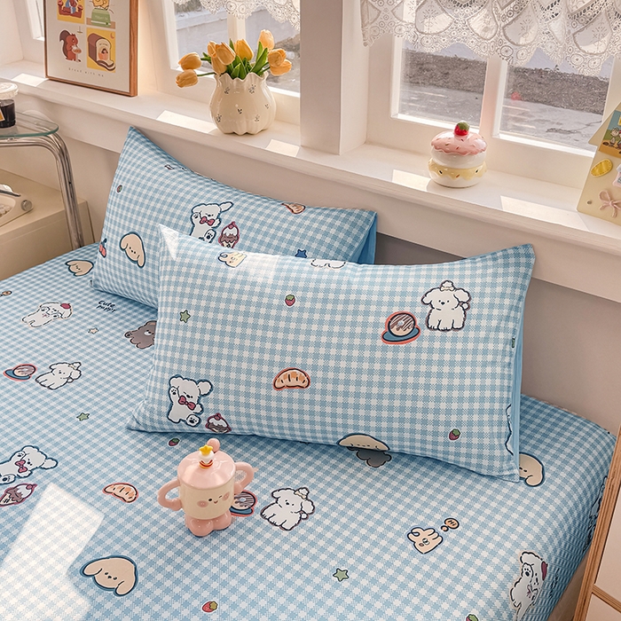 91家纺网 家纺一手货源 找家纺 缦彩 2026新款全棉纯棉印花床笠单品床笠床笠单件 格子狗-蓝