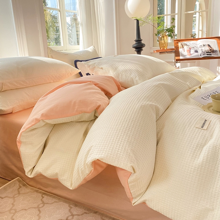 91家纺网 家纺一手货源 找家纺 眠博士2026新款简约时尚全棉华夫格四件套（提供买家秀）简约款 白橘