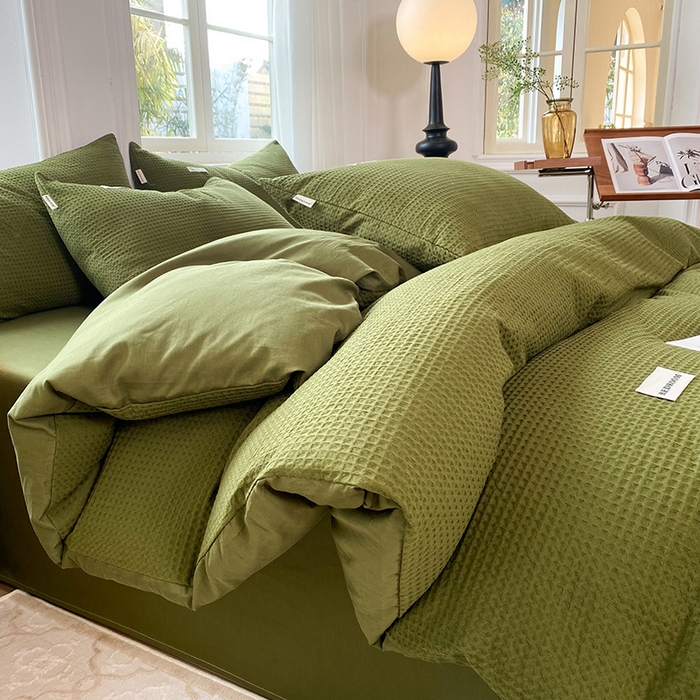 91家纺网 家纺一手货源 找家纺 眠博士2026新款简约时尚全棉华夫格四件套（提供买家秀）简约款 松绿