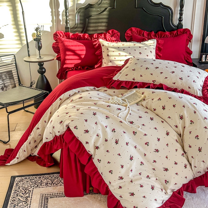 91家纺网 家纺一手货源 找家纺 （总）金盛皇朝家纺 2026新款仿棉皱皱纱双层纱木棉仿棉水洗棉喜庆浪漫大红四件套-红韵系列