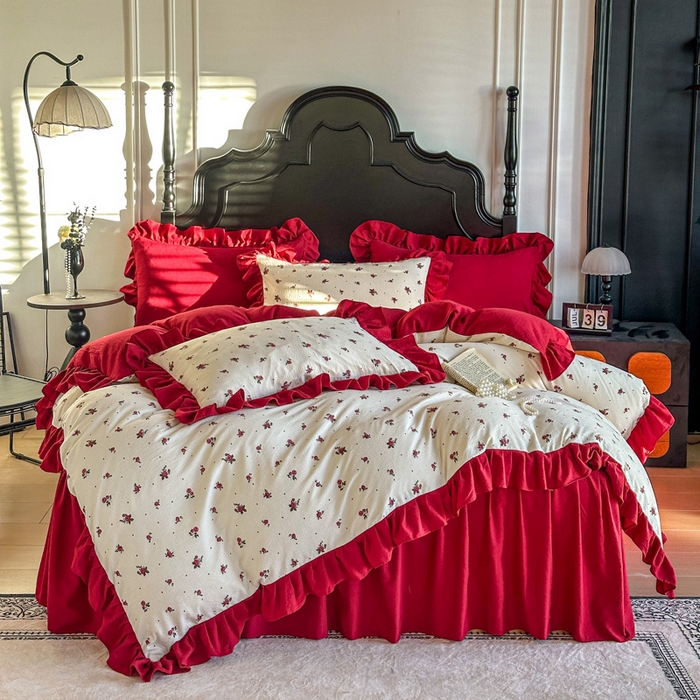 91家纺网 家纺一手货源 找家纺 （总）金盛皇朝家纺 2026新款仿棉皱皱纱双层纱木棉仿棉水洗棉喜庆浪漫大红四件套-红韵系列