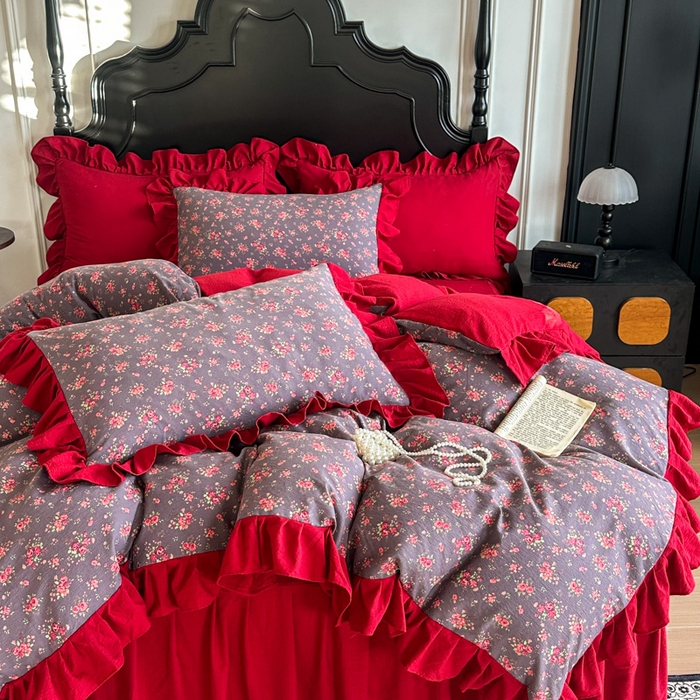 91家纺网 家纺一手货源 找家纺 （总）金盛皇朝家纺 2026新款仿棉皱皱纱双层纱木棉仿棉水洗棉喜庆浪漫大红四件套-红韵系列