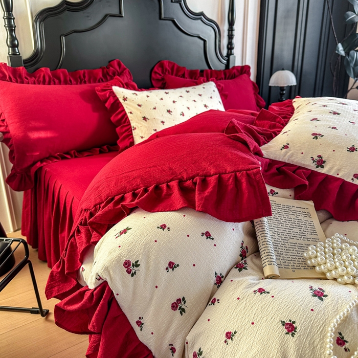 91家纺网 家纺一手货源 找家纺 （总）金盛皇朝家纺 2026新款仿棉皱皱纱双层纱木棉仿棉水洗棉喜庆浪漫大红四件套-红韵系列