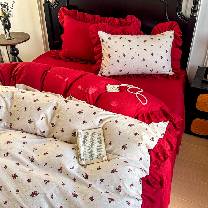 91家纺网 家纺一手货源 找家纺 （总）金盛皇朝家纺 2026新款仿棉皱皱纱双层纱木棉仿棉水洗棉喜庆浪漫大红四件套-红韵系列