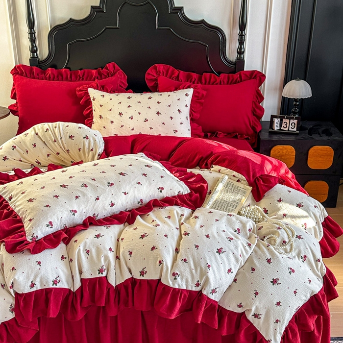 91家纺网 家纺一手货源 找家纺 （总）金盛皇朝家纺 2026新款仿棉皱皱纱双层纱木棉仿棉水洗棉喜庆浪漫大红四件套-红韵系列